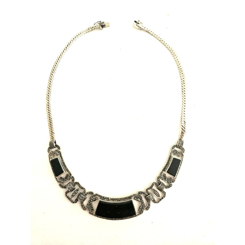 Vitg Sterling Silver ART DECO REVIVAL Onyx & Marcasite 16" Stmnt Necklace 39.4g